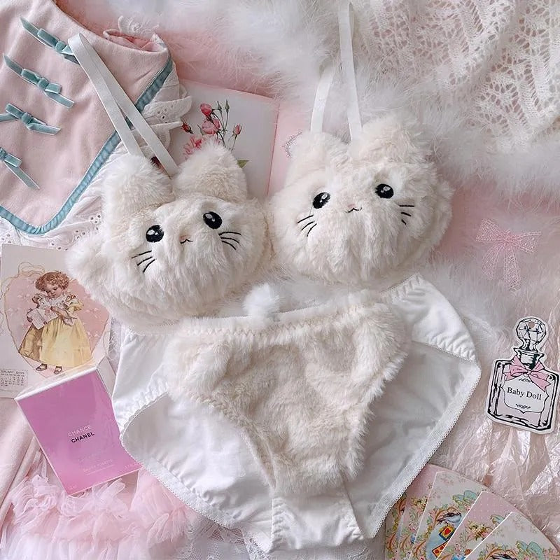 New High Quality Sexy Cute Kitty Anime Soft Plush Design Bra & Panty Set