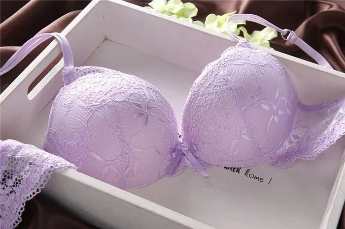 Flourish Lavender Lace Bra With Matching Penty – Push Up & Double Padded Floral Comfort